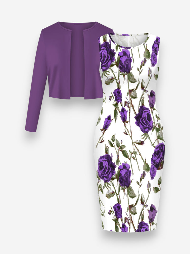 Thalia Elegant Floral Dress & Cardigan Set